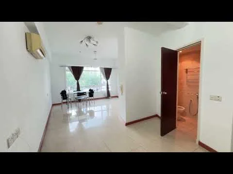 Living features: cream painted walls, glossy tile flooring, 5-blade ceiling fan with light, floor-to-ceiling windows, sheer curtains, dining table with chairs, air conditioning unit, door leading to bathroom; style: modern; view: garden. Bathroom features: tile flooring, shower area, toilet, sink with mirror.