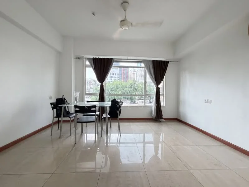 Living features: large floor-to-ceiling windows, white painted walls, cream marble tile flooring, 5-blade ceiling fan, black dining table with four chairs, curtains in dark brown, city view, natural light from windows; style: modern; view: city.