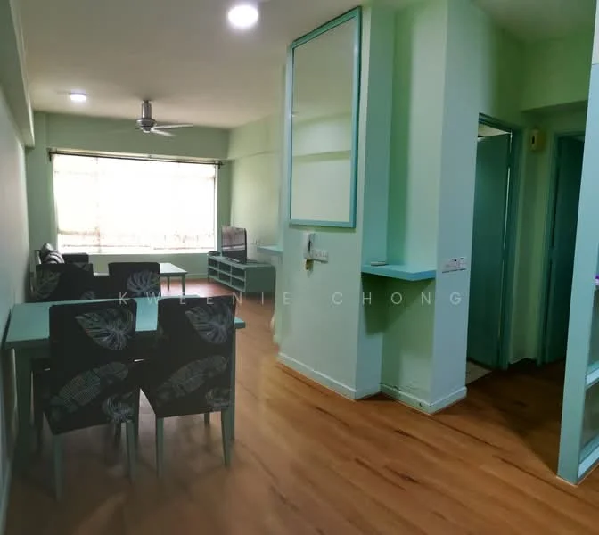 Dining features: light green painted walls, laminate flooring, 5-blade ceiling fan, dining table with four chairs, large window with natural light, TV console, open layout, wall-mounted shelf; style: modern. Hallway features: light green painted walls, laminate flooring, doorway leading to other rooms; style: modern.