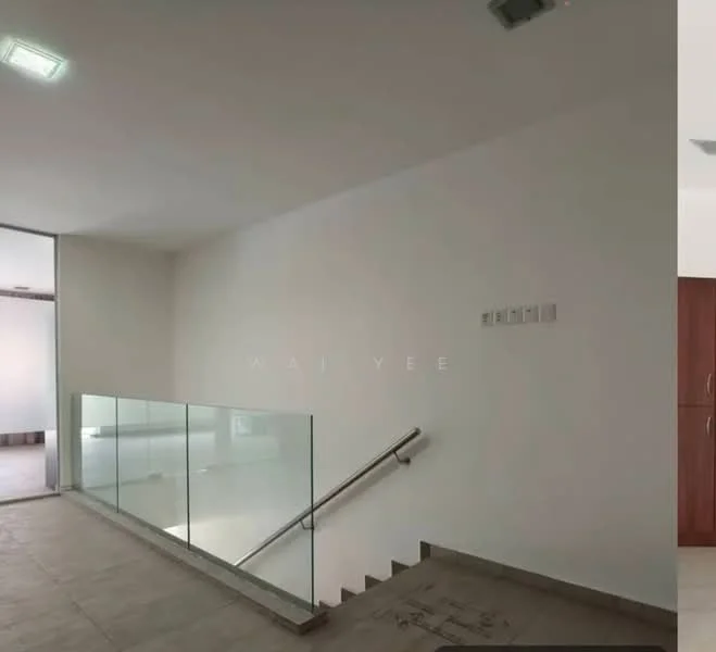 Room features: white painted walls, tile flooring, glass railing, stainless steel handrail, recessed ceiling lights, open staircase, natural light from windows; style: modern.