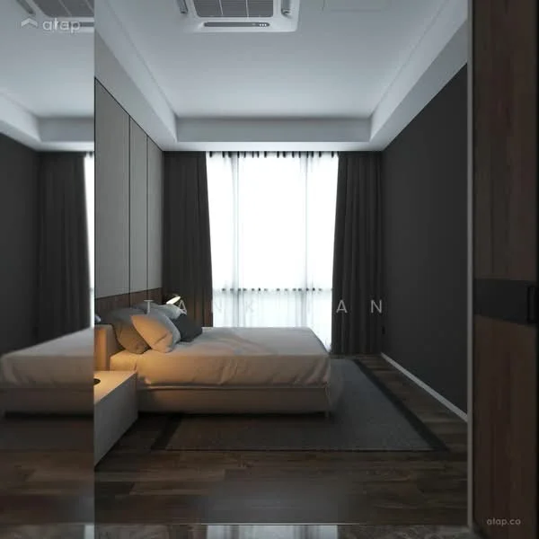 Bedroom features: king-size bed, upholstered headboard, bedside lamp, wooden bedside table, floor-to-ceiling windows, sheer curtains, dark accent wall, light-colored walls, wood flooring, recessed ceiling lights, area rug with geometric pattern, built-in wardrobe with mirrored doors, air conditioning unit; style: modern.