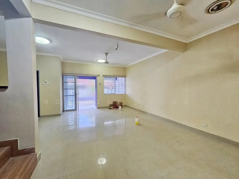 Living features: cream painted walls, glossy ceramic tile flooring, tray ceiling, 2-blade ceiling fan, wall-mounted light fixture, sliding glass door, window with grille, natural light from window, open layout, no visible furniture; style: modern.