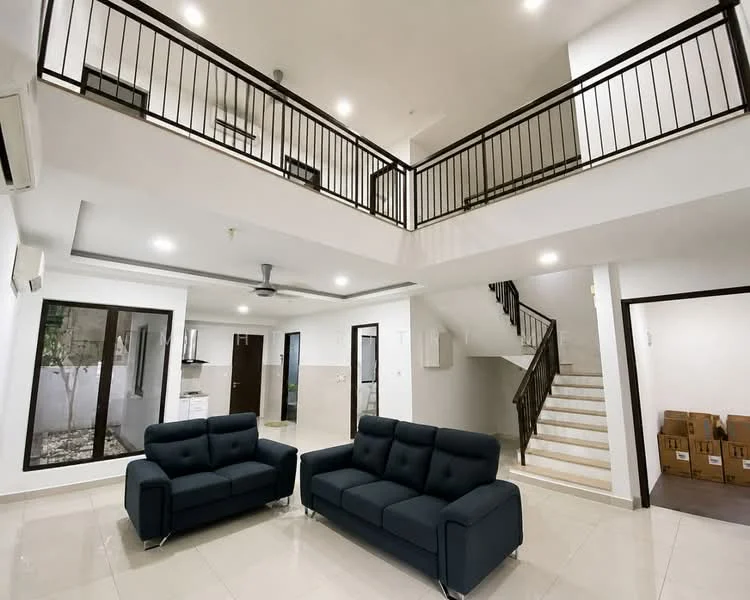 Living features: 2 black fabric sofas, marble tile flooring, white painted walls, ceiling fan with light, recessed LED downlights, open-plan layout, staircase with wooden railing, large windows with view to outdoor area; style: modern; view: garden. Kitchen features: white cabinetry, kitchen island, stainless-steel appliances, open to living area; style: modern.