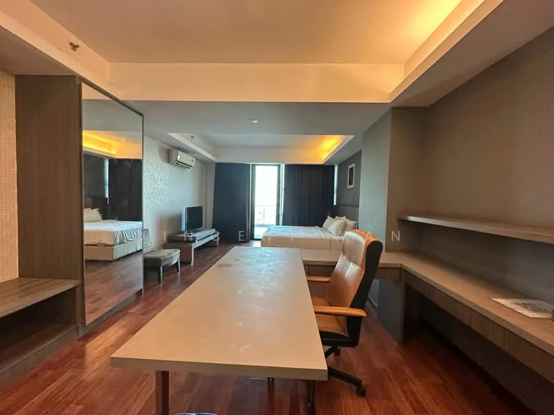 Room features: wooden flooring, two queen-size beds, wall-mounted TV, air conditioning unit, large window with city view, desk with chair, built-in shelving, recessed lighting, mirror on wall, neutral wall color, seating area, decorative wall paneling; style: modern; view: city.