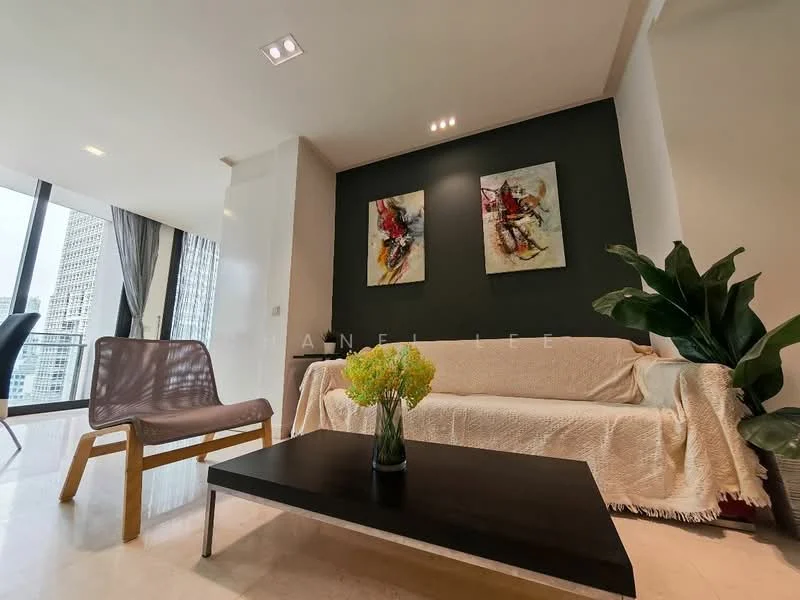 Living features: white sofa with throw blanket, black coffee table, grey accent chair, framed artwork on walls, green potted plant, floor-to-ceiling windows, marble flooring, recessed downlights, dark feature wall; style: modern; view: city.