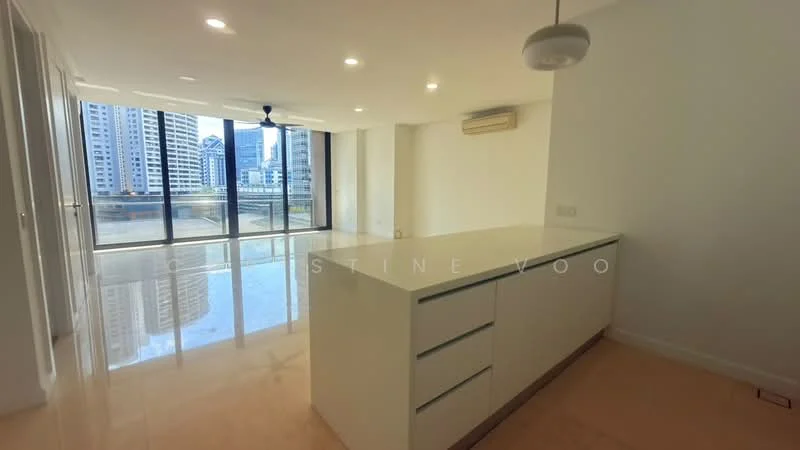 Kitchen features: white cabinetry, island countertop, stainless-steel sink, chrome pull-down faucet, recessed downlights, floor-to-ceiling windows, marble flooring, ceiling fan, air conditioning unit; style: modern; view: city.