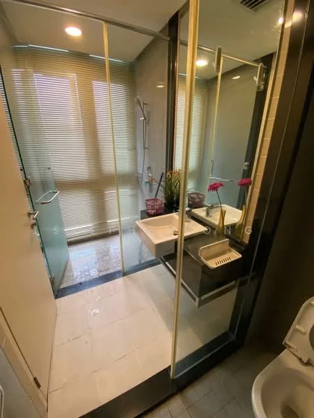 Bathroom features: glass shower enclosure, rain shower head, handheld shower, white ceramic sink, chrome basin mixer faucet, white toilet, sliding glass door, tile flooring, grey wall tiles, decorative plants, window with blinds, built-in shelving; style: modern.