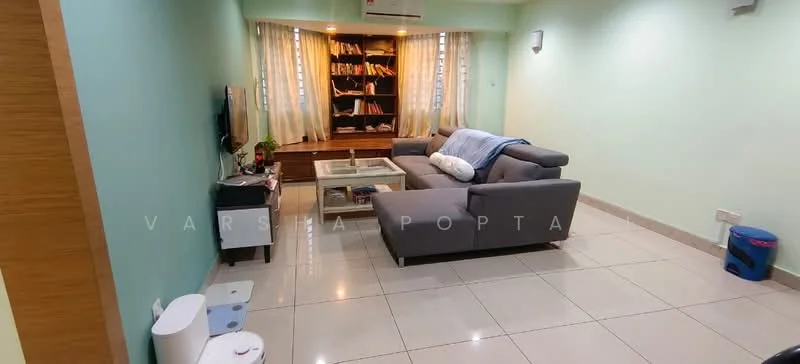 Living features: light green painted walls, white ceiling, ceramic tile flooring, 3-seater grey fabric sofa, glass coffee table, built-in bookshelf with books, floor-to-ceiling windows with sheer curtains, wall-mounted lights, air conditioning unit, decorative wall art, blue waste bin; style: modern.