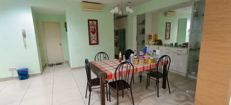 Dining features: rectangular dining table with checkered tablecloth, 4 black dining chairs, cream painted walls, tile flooring, recessed ceiling lights, wall-mounted air conditioning unit, mirror on wall, kitchen area visible in background, doorway leading to hallway, decorative wall art; style: modern.