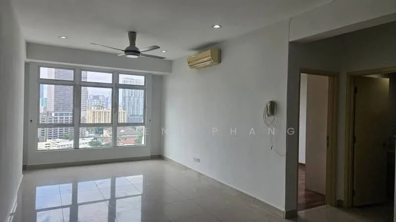 Living features: white painted walls, polished ceramic tile flooring, 5-blade ceiling fan with light, floor-to-ceiling windows, city skyline view, wall-mounted air conditioning unit, doorway leading to other rooms, light fixtures in ceiling; style: modern; view: city.