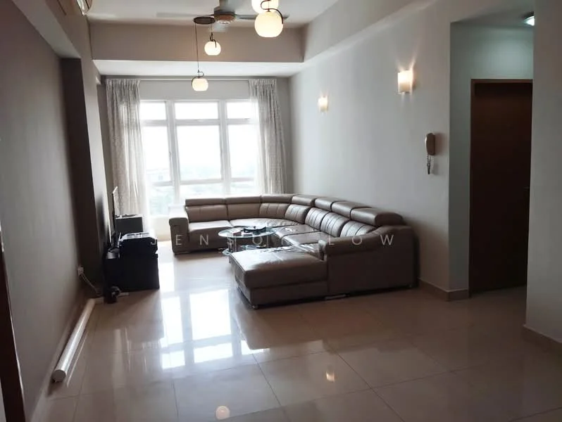 Living features: L-shape sectional sofa in beige, coffee table, wall-mounted TV, floor-to-ceiling windows, sheer curtains, cream painted walls, polished tile flooring, ceiling fan with light, decorative wall panel, light switch on wall; style: modern; view: city.