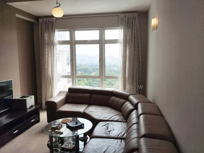 Living features: L-shape sectional sofa in brown leather, glass coffee table, floor-to-ceiling windows, sheer curtains, light fixture with round shade, wall-mounted light sconce, cream painted walls, tile flooring; style: modern; view: garden.