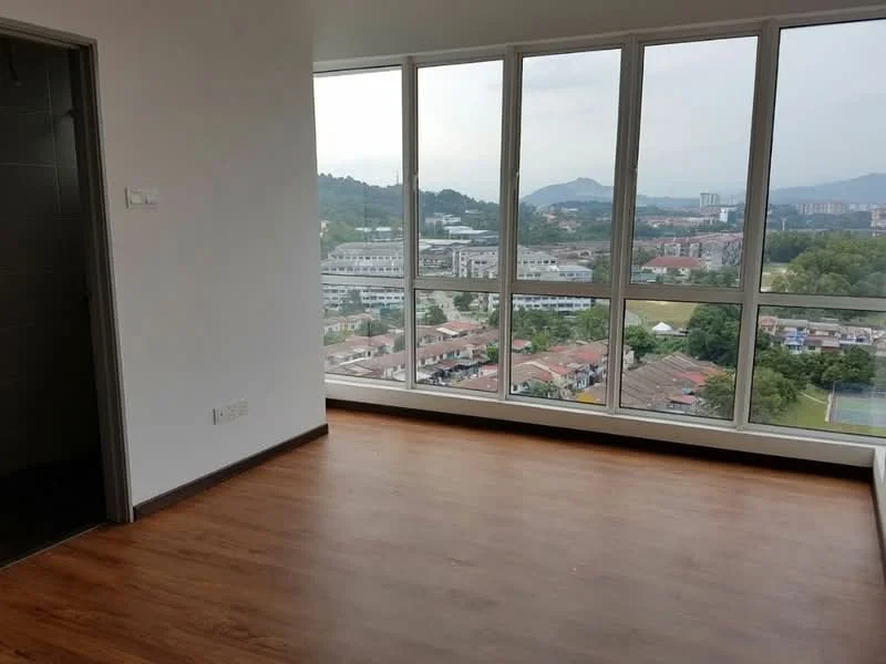 Room features: large floor-to-ceiling windows, wooden laminate flooring, neutral wall colour, city view, mountain view, open layout, natural light, corner unit; style: modern; view: city.