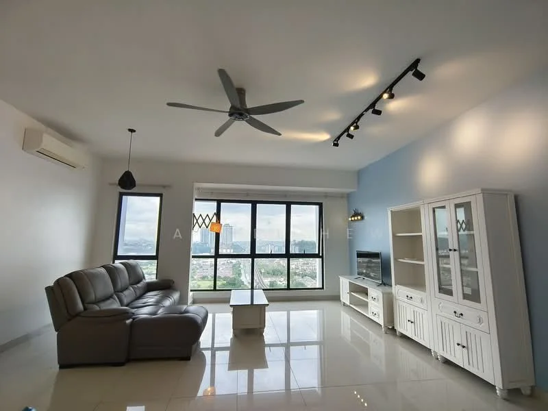 Living features: 3-seater leather sofa in grey, coffee table, wall-mounted TV, TV console, recessed LED downlights, 5-blade ceiling fan with light, floor-to-ceiling windows, white painted walls, polished tile flooring, decorative pendant light, area rug; style: modern; view: city.