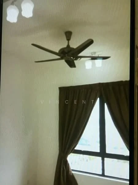 Room features: ceiling fan, 3-blade ceiling fan with light, floor-to-ceiling window, curtains in brown, white walls, light fixtures with glass shades.