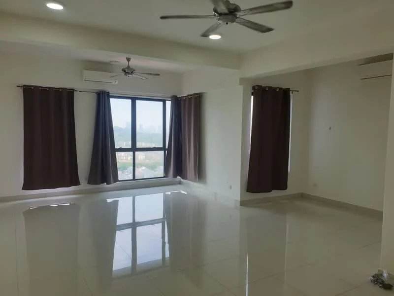 Living features: white painted walls, glossy ceramic tile flooring, 2 ceiling fans, floor-to-ceiling windows, dark brown curtains, air conditioning unit, recessed lighting; style: modern; view: city.
