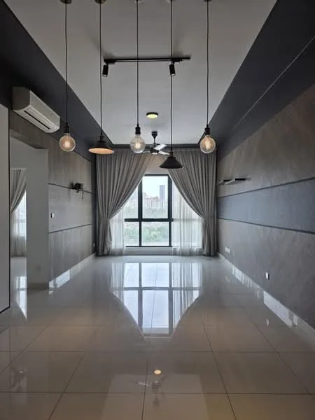 Living features: white painted walls, grey accent wall, polished ceramic tile flooring, 5-blade ceiling fan with integrated LED light, 3 pendant lights, floor-to-ceiling windows, sheer curtains, air conditioning unit, mirror on wall, decorative wall paneling; style: modern; view: city.