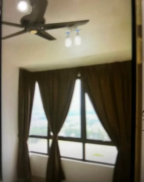 Room features: floor-to-ceiling windows, brown curtains, ceiling fan, light fixtures, white painted walls, carpeted flooring; view: city.