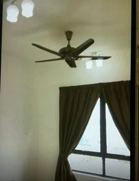 Room features: 5-blade ceiling fan, 3 pendant lights, brown curtains, floor-to-ceiling window, white painted walls.