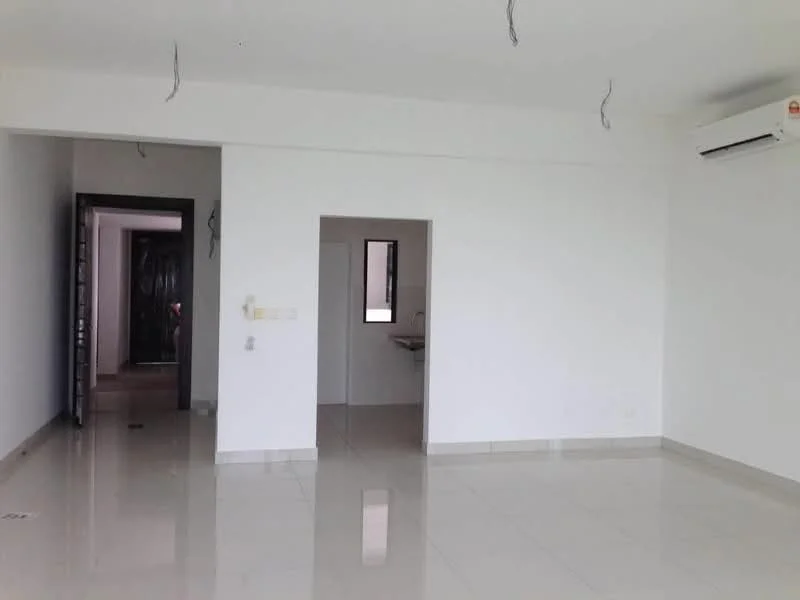 Room features: white painted walls, polished ceramic tile flooring, 1 wall-mounted split AC, ceiling with exposed wiring, doorway leading to another room, window with no visible treatment; style: modern.