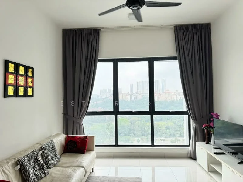 Living features: 3-seater fabric sofa in beige, red decorative cushions, floor-to-ceiling windows, grey curtains, white TV console, wall-mounted TV, decorative artwork on wall, recessed downlights, ceiling fan; style: modern; view: city.