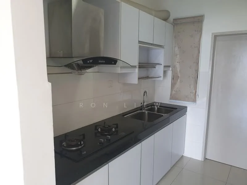 Kitchen features: grey cabinetry, black granite countertop, stainless-steel sink, chrome pull-down faucet, 2-burner gas hob, stainless-steel range hood, white tiled backsplash, white tiled walls, ceramic tile flooring, window with sheer curtains; style: modern.