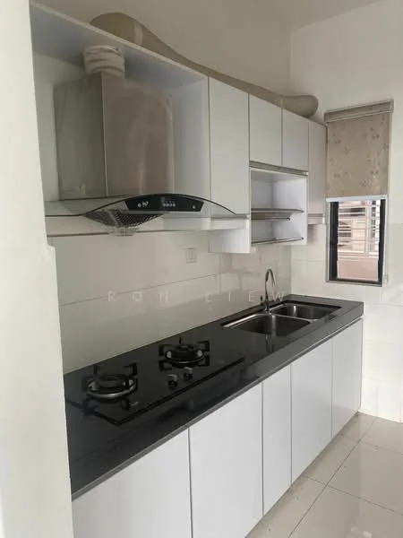 Kitchen features: white cabinetry, black granite countertop, double-bowl stainless-steel sink, chrome pull-down faucet, built-in gas hob with 2 burners, exhaust hood, white tiled backsplash, ceramic tile flooring, window with roller blinds; style: modern.