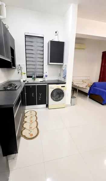 Kitchen features: black cabinetry, stainless-steel gas hob, built-in oven, single-bowl stainless-steel sink, chrome pull-down faucet, white tiled backsplash, washing machine, white countertop, ceramic tile flooring, window with horizontal blinds, area rug with floral pattern; style: modern. Room features: bed with blue bedding, wall-mounted air conditioning unit, red curtains, cream walls, light-colored flooring.