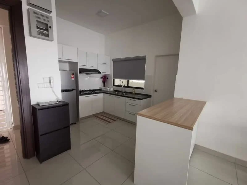 Kitchen features: white cabinetry, black countertop, stainless-steel fridge, built-in gas stove, oven, single-bowl stainless-steel sink, chrome pull-down faucet, tile flooring, window with roller blind, kitchen island with breakfast bar, recessed lighting; style: modern.