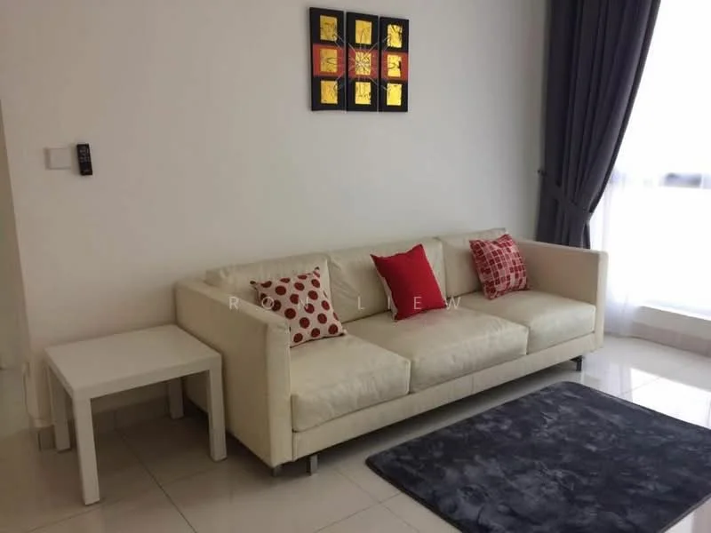 Living features: 3-seater fabric sofa in cream, red and white patterned cushions, white side table, grey area rug, white painted walls, floor-to-ceiling windows with sheer curtains, recessed downlights; style: modern.