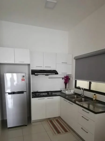 Kitchen features: white shaker cabinets, stainless-steel fridge, built-in oven, 4-burner gas hob, stainless-steel range hood, double-bowl stainless-steel sink, chrome pull-down faucet, grey granite countertop, tile flooring, roller blinds, wall-mounted cabinets, kitchen towel holder, decorative plant; style: modern.