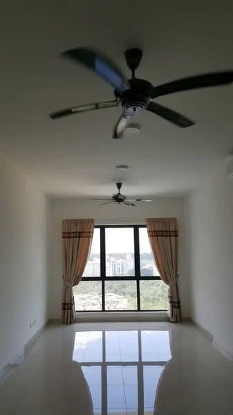 Living features: white painted walls, polished ceramic tile flooring, 2 ceiling fans, floor-to-ceiling windows, sheer curtains, city view; style: modern; view: city.