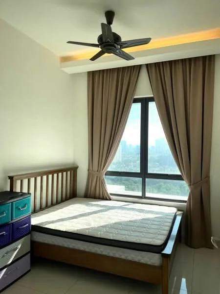 Bedroom features: queen-size bed, wooden bed frame, 5-blade ceiling fan with light, floor-to-ceiling window, brown curtains, white painted walls, glossy tile flooring, decorative ceiling lighting; style: modern; view: city.