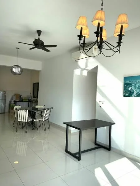 Living features: white painted walls, glossy tile flooring, 5-blade ceiling fan in black, chandelier with five lampshades, dining table with black legs, 4 black metal dining chairs, air conditioning unit on wall, floor-to-ceiling windows allowing natural light, decorative wall art, light streaming through window; style: modern.