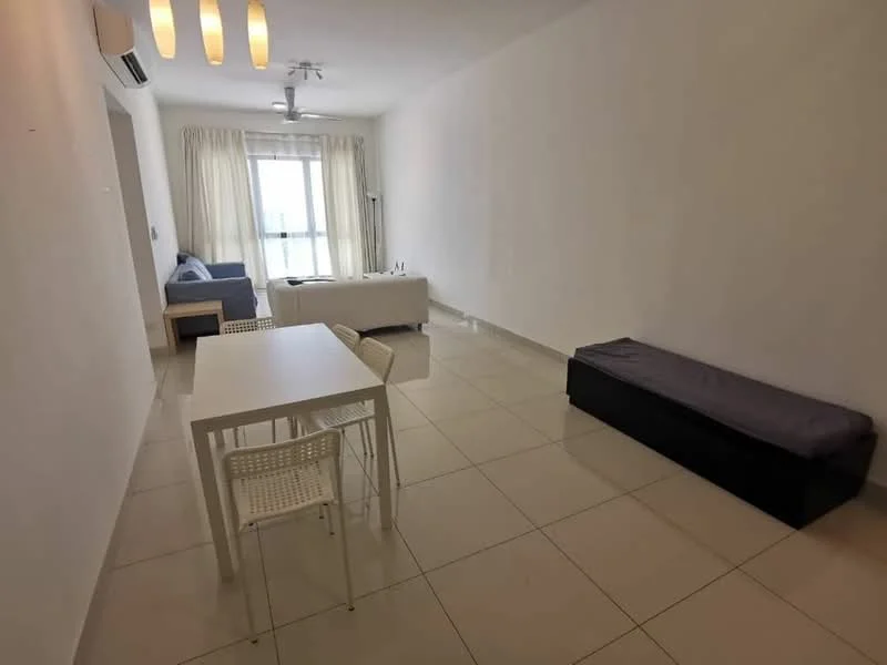 Living features: white painted walls, tile flooring, 5-blade ceiling fan with light, floor-to-ceiling windows, sheer curtains, sofa in blue fabric, white coffee table, dining table with 4 white chairs, bench seating, natural light from window; style: modern; view: city.