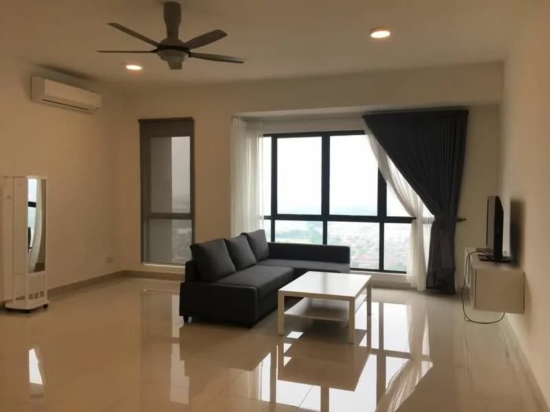 Living features: 3-seater fabric sofa in grey, white coffee table, wall-mounted TV, floor-to-ceiling windows, sheer curtains, blackout curtains, 1 wall-mounted split AC, recessed LED downlights, polished tile flooring, ceiling fan with light, decorative mirror, area rug; style: modern; view: city.