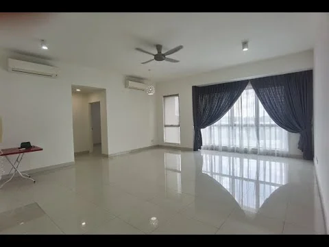 Living features: white painted walls, glossy ceramic tile flooring, 5-blade ceiling fan with light, floor-to-ceiling windows, sheer curtains, dark blue drapes, recessed downlights, air conditioning unit, sliding glass door, decorative pendant light; style: modern; view: city.