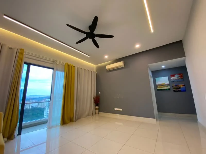 Living features: white painted walls, grey accent wall, recessed LED downlights, 5-blade ceiling fan in black, floor-to-ceiling windows, sheer curtains, yellow drapes, glossy white tile flooring, decorative wall art, air conditioning unit; style: modern; view: city.