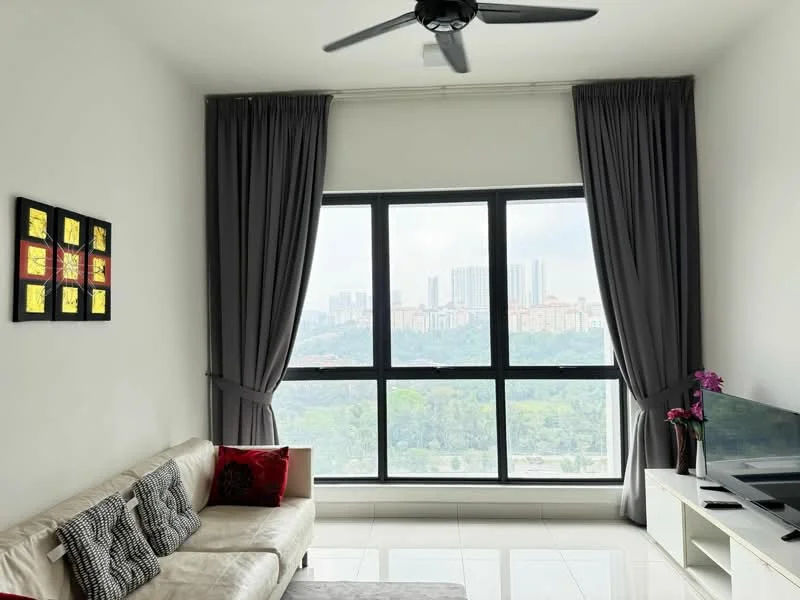 Living features: floor-to-ceiling windows, grey curtains, 3-seater fabric sofa in beige, decorative cushions in red and black, wall-mounted TV, white TV console, ceiling fan, polished tile flooring, framed artwork on wall; style: modern; view: city.