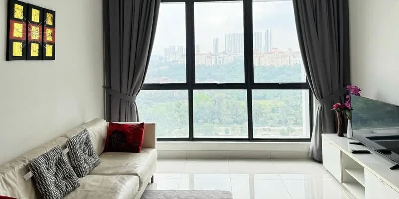 Living features: 3-seater leather sofa in cream, red and black decorative cushions, floor-to-ceiling windows, grey curtains, white TV console, wall-mounted TV, decorative wall art, polished tile flooring, area rug, houseplants in ceramic pots; style: modern; view: city.