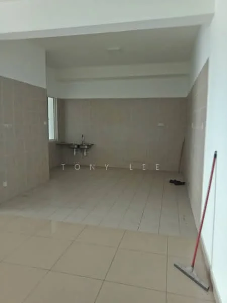 Room features: white painted walls, light beige tiled flooring, single-bowl stainless-steel sink, wall-mounted faucet, window with no visible treatment, cleaning broom on the floor, empty space, no visible appliances or furniture; style: minimalist.