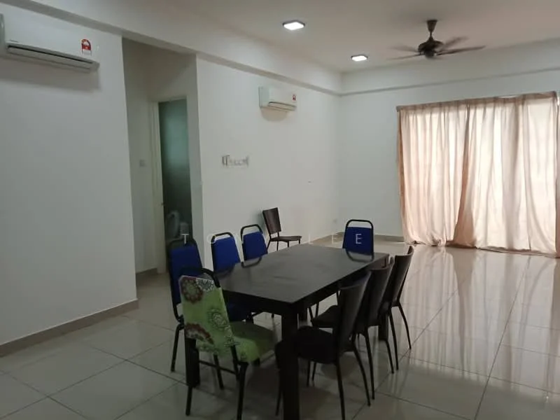 Dining features: dining table with black surface, 8 black dining chairs, green patterned chair, white painted walls, glossy tile flooring, ceiling fan, 2 wall-mounted air conditioning units, large window with sheer curtains, natural light from window, light fixtures in ceiling; style: modern. Room features: white painted walls, glossy tile flooring, doorway leading to another room.