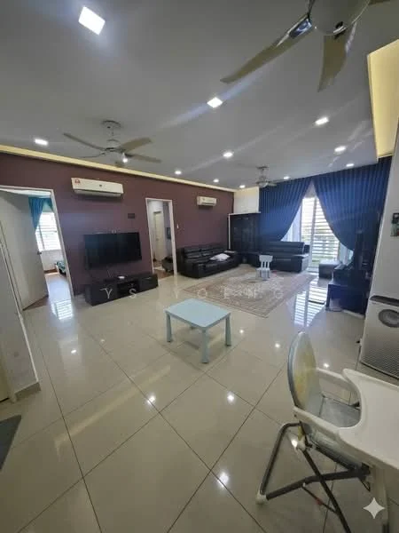 Living features: cream tiled flooring, purple accent wall, white painted walls, 5-blade ceiling fans, 2 wall-mounted air conditioning units, black leather sofa set, coffee table, area rug with geometric pattern, TV console, wall-mounted TV, curtains, sliding glass door, decorative wall art; style: modern.