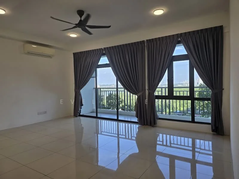 Living features: white painted walls, glossy tile flooring, 5-blade ceiling fan with light, floor-to-ceiling windows, sliding glass door, sheer curtains, blackout curtains, air conditioning unit, recessed downlights; style: modern; view: city.