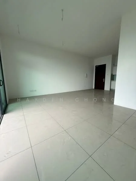 Room features: white painted walls, large floor tiles in light color, floor-to-ceiling windows, sliding glass door, no visible furniture, minimalist design, high ceiling, neutral color palette; style: modern.