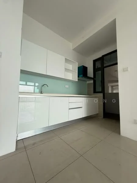 Kitchen features: white cabinetry, glass backsplash, single-bowl stainless-steel sink, chrome pull-down faucet, countertop with integrated storage, open shelving, floor-to-ceiling windows, tile flooring; style: modern.