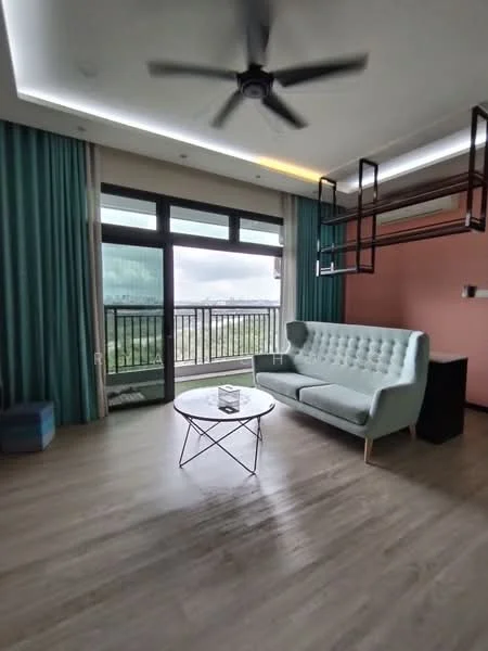 Living features: 3-seater fabric sofa in light blue, round glass coffee table with metal legs, floor-to-ceiling windows, sliding glass door, curtains in teal, wooden flooring, ceiling fan, accent wall in peach, decorative shelving unit, view of the city skyline; style: modern; view: city.