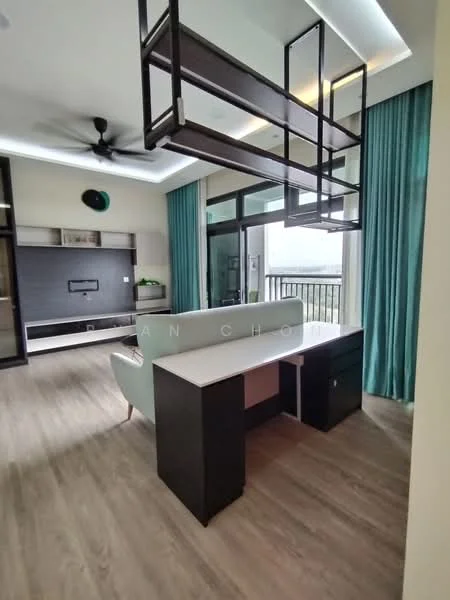 Study features: wooden flooring, 5-blade ceiling fan, built-in desk with storage, green curtains, wall-mounted TV, open balcony access, lighted ceiling feature, accent wall with shelving; style: modern; view: city.