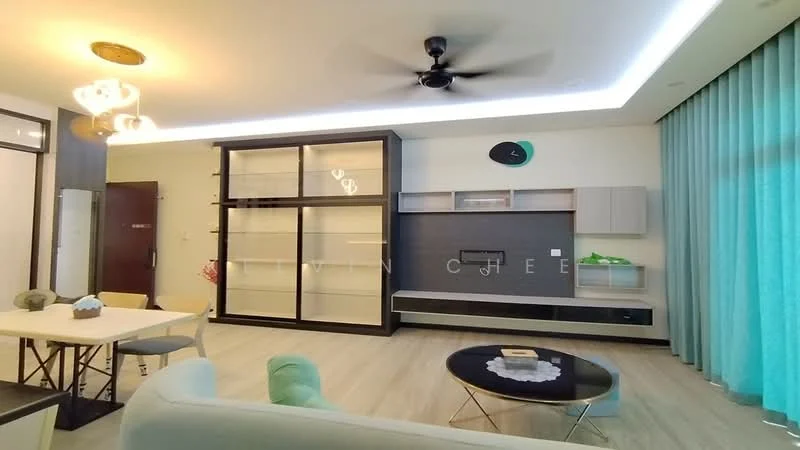 Living features: 5-blade ceiling fan with light, recessed LED downlights, light wood flooring, built-in wall unit with shelving, TV console, wall-mounted TV, large windows with sheer curtains, green accent wall, dining table with metal legs, upholstered sofa in light color, decorative wall clock; style: modern.