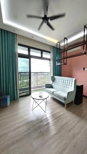 Living features: light grey tufted sofa, glass coffee table, 5-blade ceiling fan with light, floor-to-ceiling windows, sliding glass door, curtains in teal, accent wall in coral, wooden flooring, open shelving unit, balcony view; style: modern; view: garden.